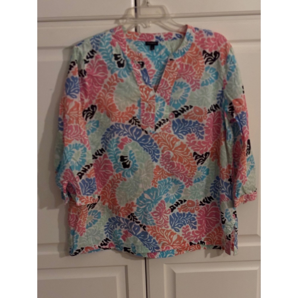 Talbots Womens Large Cotton 3/4 Sleeve Multi Color Floral Print Tunic Top